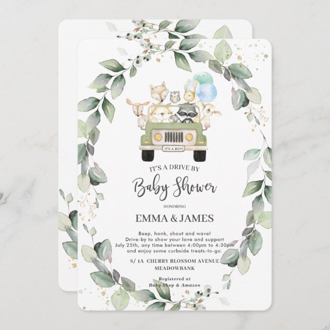 Chic Greenery Woodland Drive By Baby Shower Boy Invitation (Front/Back)