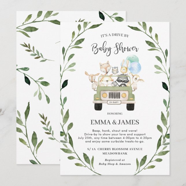 Chic Greenery Woodland Drive By Baby Shower Boy Invitation (Front/Back)