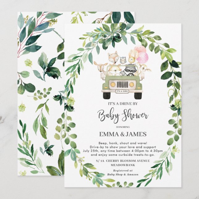 Chic Greenery Woodland Drive By Baby Shower Parade Invitation (Front/Back)