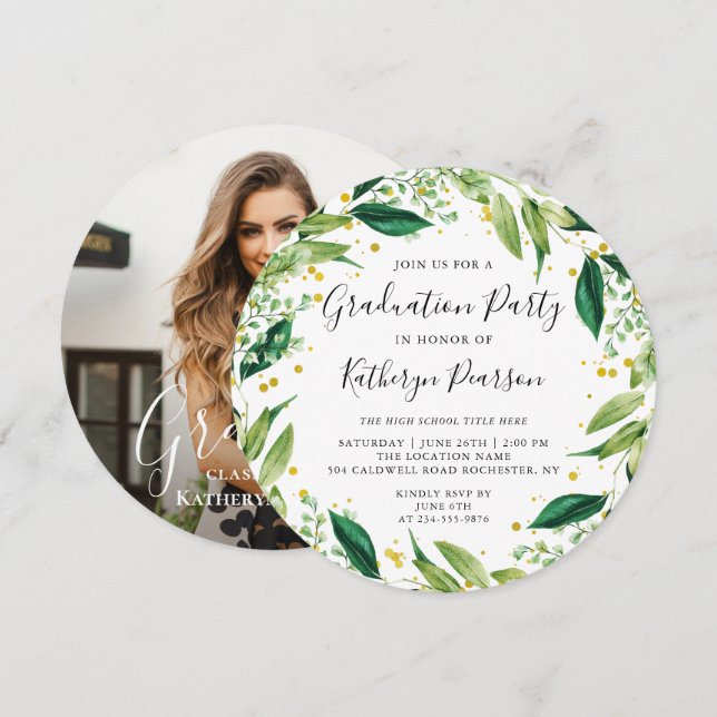 Chic Greenery Wreath Gold Glitter Graduation Photo Invitation (Front/Back)