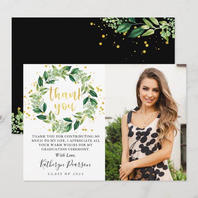 Chic Greenery Wreath Gold Glitter Graduation Photo Thank You Card (Front/Back)