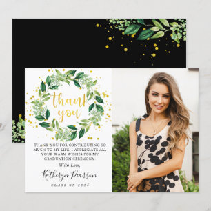 Chic Greenery Wreath Gold Glitter Graduation Photo Thank You Card