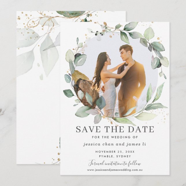 Chic Greenery Wreath Photo Save the Date Card (Front/Back)