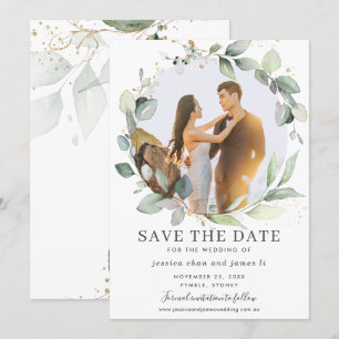 Chic Greenery Wreath Photo Save the Date Card
