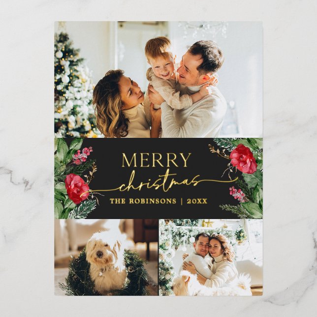 Chic Grey 3 Photo Botanical Merry Christmas Gold Foil Holiday Postcard (Front)