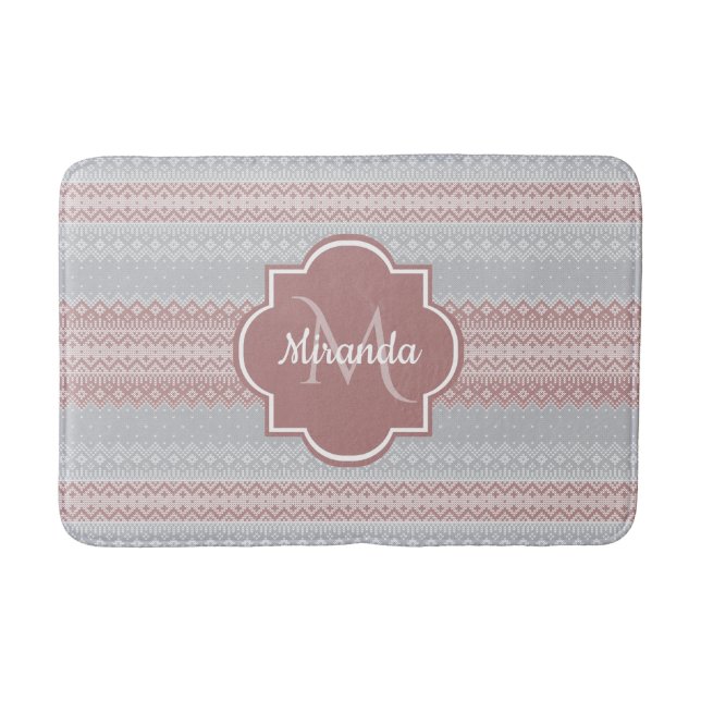 Chic Grey and Dusky Pink Knit Stripes and Monogram Bath Mat (Front)