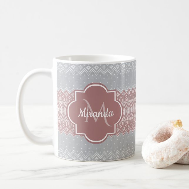 Chic Grey and Dusky Pink Knit Stripes and Monogram Coffee Mug (With Donut)