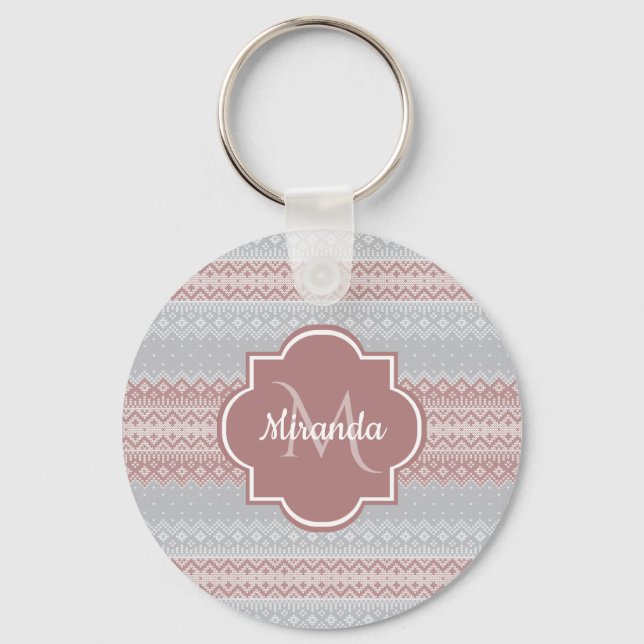 Chic Grey and Dusky Pink Knit Stripes and Monogram Key Ring (Front)