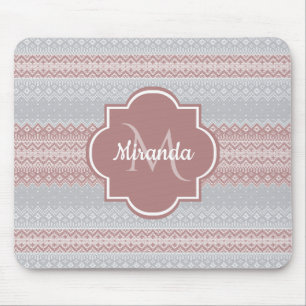 Chic Grey and Dusky Pink Knit Stripes and Monogram Mouse Mat