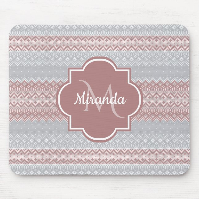 Chic Grey and Dusky Pink Knit Stripes and Monogram Mouse Mat (Front)