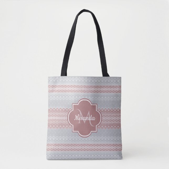 Chic Grey and Dusky Pink Knit Stripes and Monogram Tote Bag (Front)