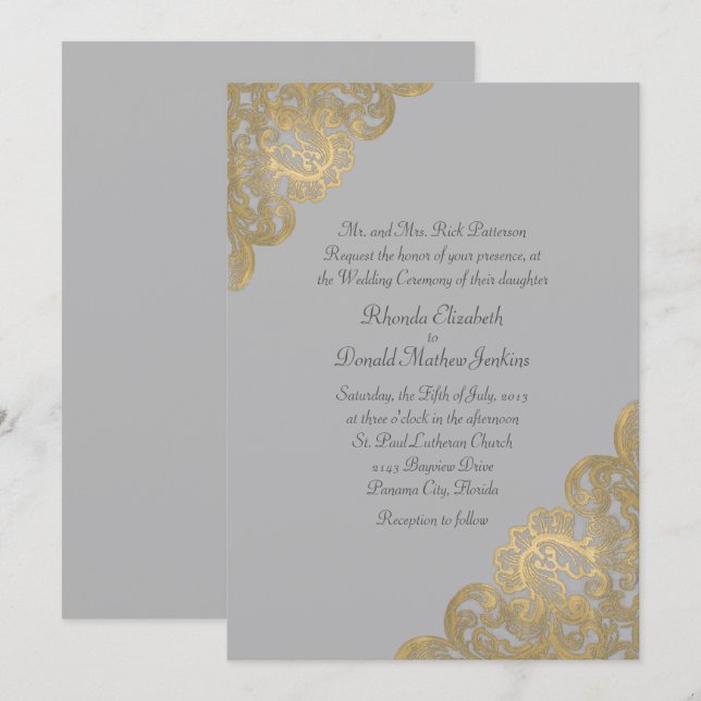 Chic Grey and Gold Felt Wedding Invitation (Front/Back)