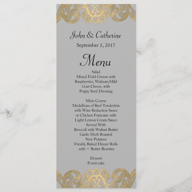 Chic Grey and Gold Wedding Menu (Front)