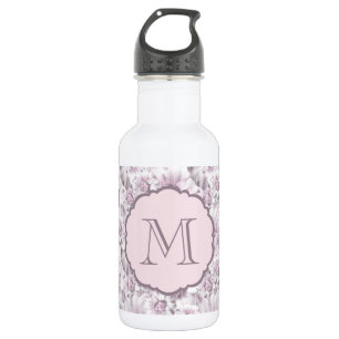 Chic Grey and Pink Floral Pattern Monogram 532 Ml Water Bottle