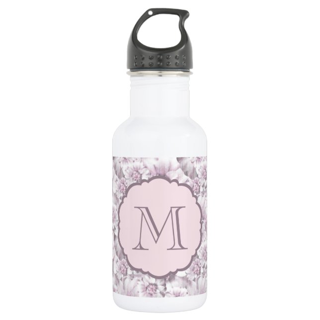 Chic Grey and Pink Floral Pattern Monogram 532 Ml Water Bottle (Front)