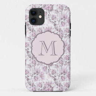 Chic Grey and Pink Floral Pattern Monogram iPhone 11 Case