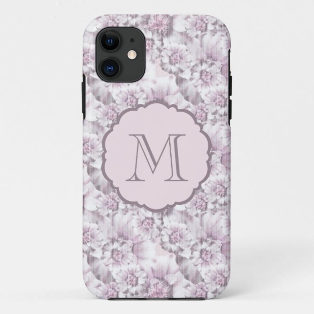 Chic Grey and Pink Floral Pattern Monogram Case-Mate iPhone Case (Back)