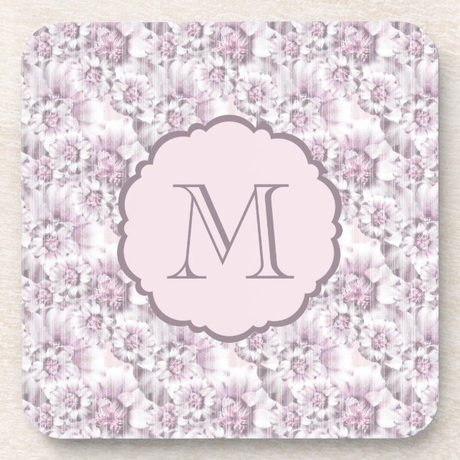 Chic Grey and Pink Floral Pattern Monogram Coaster (Front)