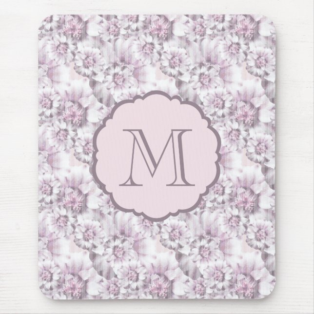 Chic Grey and Pink Floral Pattern Monogram Mouse Mat (Front)