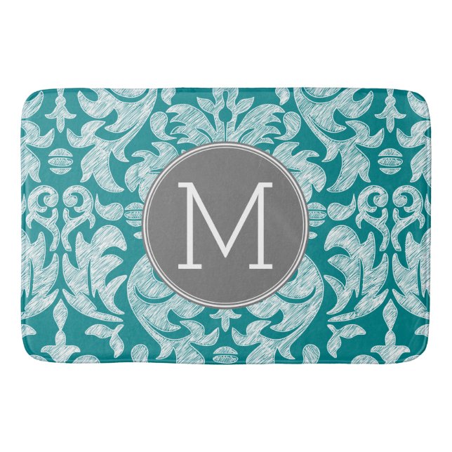 Chic Grey and Teal Damask Pattern Custom Monogram Bath Mat (Front)