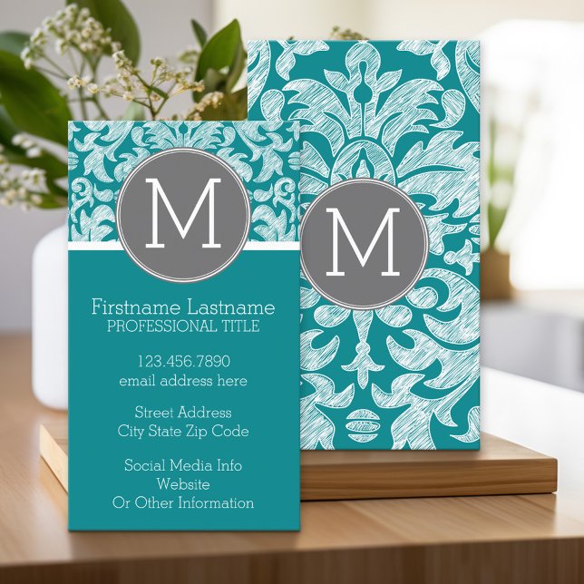 Chic Grey and Teal Damask Pattern Custom Monogram Business Card (Custom Printed Business Card)