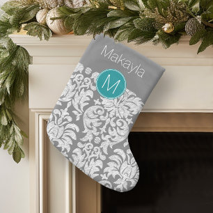 Chic Grey and Teal Damask Pattern Custom Monogram Large Christmas Stocking
