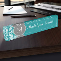 Chic Grey and Teal Damask Pattern Custom Monogram