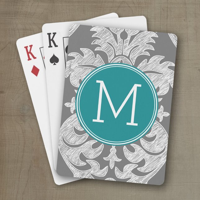 Chic Grey and Teal Damask Pattern Custom Monogram Playing Cards (Personalized playing cards with monogram or custom text)