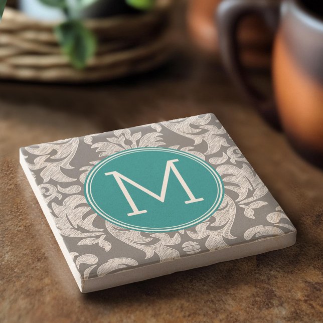 Chic Grey and Teal Damask Pattern with Monogram Stone Coaster (Custom Stone Coaster)