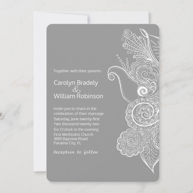 Chic Grey and White Floral Mandala Wedding Invitation (Front)