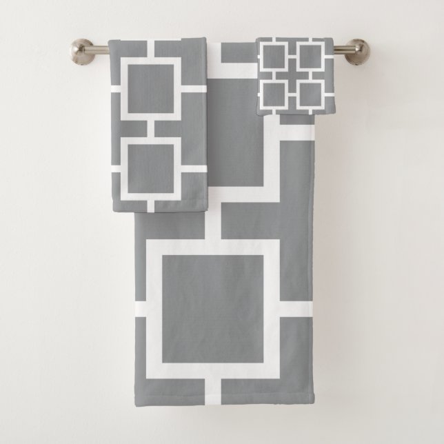 Chic Grey and White Geometric Square Pattern Bath Towel Set (Insitu)