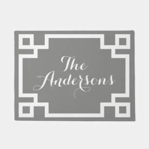 Chic Grey and White Greek Key Monogram Doormat