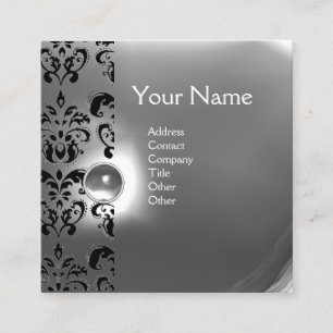CHIC GREY BLACK WHITE DAMASK GEMSTONE MONOGRAM SQUARE BUSINESS CARD