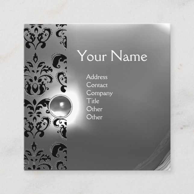 CHIC GREY BLACK WHITE DAMASK GEMSTONE MONOGRAM SQUARE BUSINESS CARD (Front)