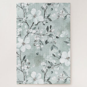 Chic Grey Blue White Flowers Jigsaw Puzzle
