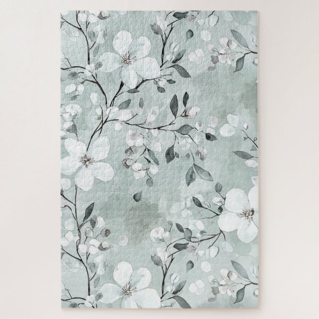 Chic Grey Blue White Flowers Jigsaw Puzzle (Vertical)