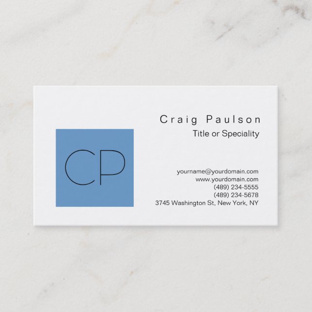 Chic Grey Blue White Monogram Business Card (Front)