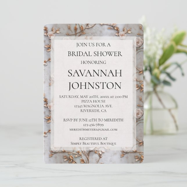Chic Grey Blush Pink Roses Bridal shower Invitation (Standing Front)