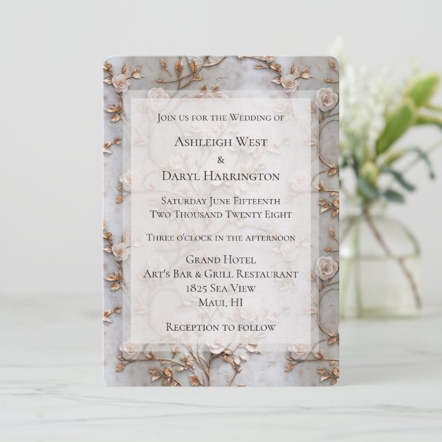 Chic Grey Blush Roses Wedding Invitation (Standing Front)