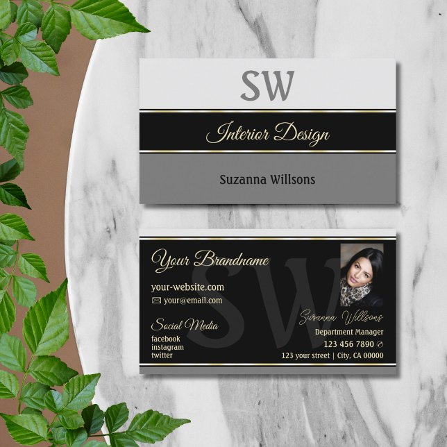 Chic Grey Borders on Black with Monogram and Photo Business Card (Creator Uploaded)