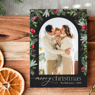 Chic Grey Botanical Arch 1 Photo Merry Christmas Holiday Card