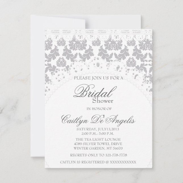 Chic Grey Damask & White Lace Bridal Shower Invite (Front)