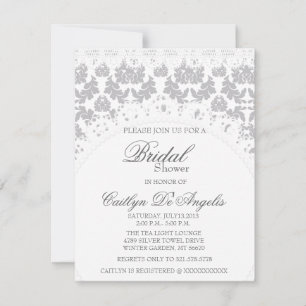 Chic Grey Damask & White Lace Bridal Shower Invite