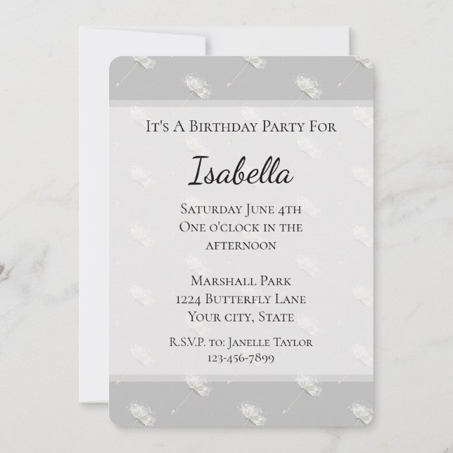 Chic Grey Dandelion Flowers Birthday Invitation (Back)