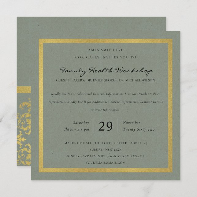 CHIC GREY GOLD FAUX DAMASK CLASSIC WORKSHOP EVENT INVITATION (Front/Back)