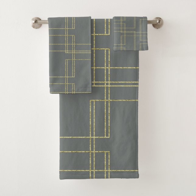Chic Grey & Gold Geometric Glam Bath Towel Set (Insitu)