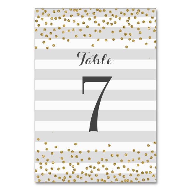 Chic Grey Gold Stripe Bridal Shower Party Wedding Table Number (Front)
