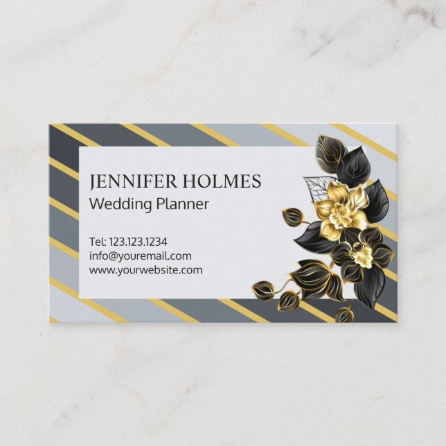 Chic Grey Gold Stripes Orchid Floral Black Golden Business Card (Front)