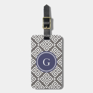 Chic grey greek key geometric patterns monogram luggage tag