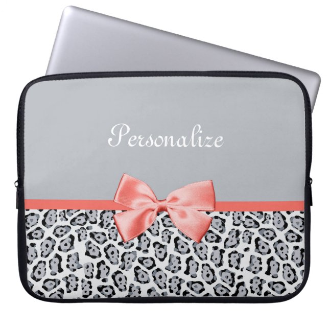 Chic Grey Jaguar Print With Coral Bow and Name Laptop Sleeve (Front)